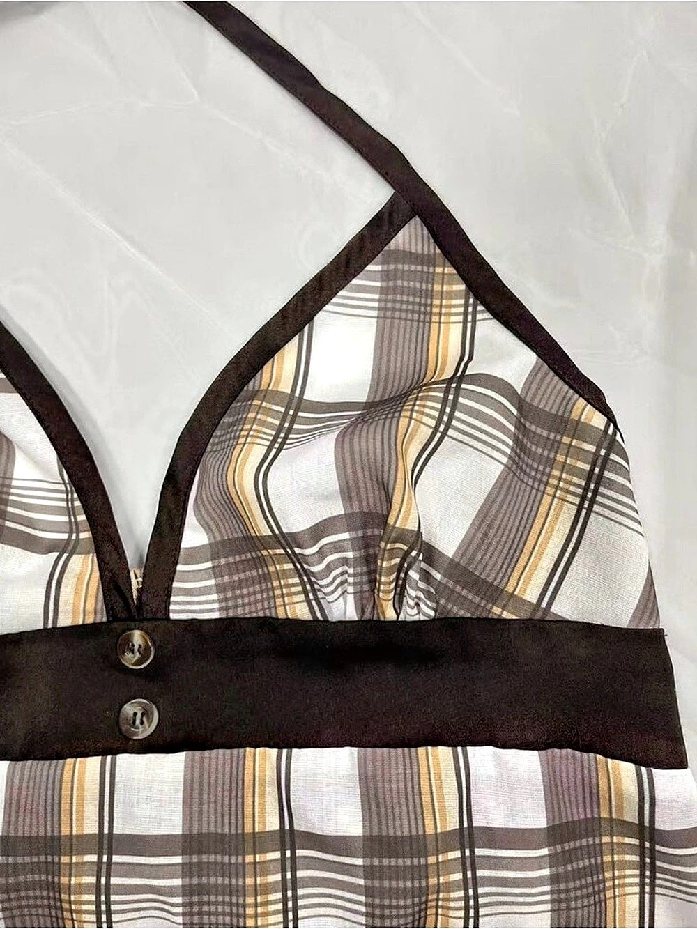 Plaid Henley Shirt in Brown & White Like New - Picture 3 of 3